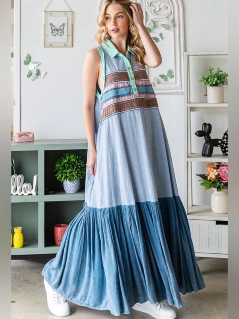 Oli & Hali Chambray Colorblock Sleeveless Oversized Tiered Boho Maxi Dress XL